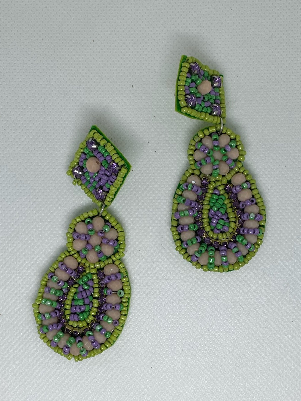 Handmade Beaded Statement Drop Earrings | Lime Green, Lavender & Mint
